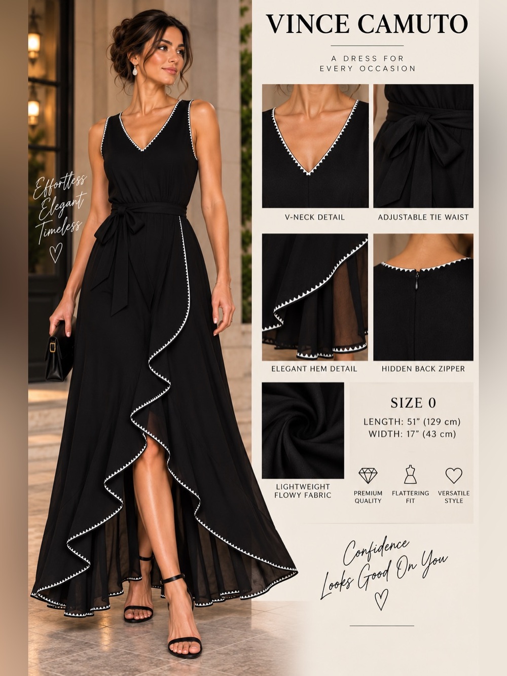 Vince Camuto Women’s Size 0 Black Ruffle Maxi Dress V-Neck Tie Waist Sleeveless